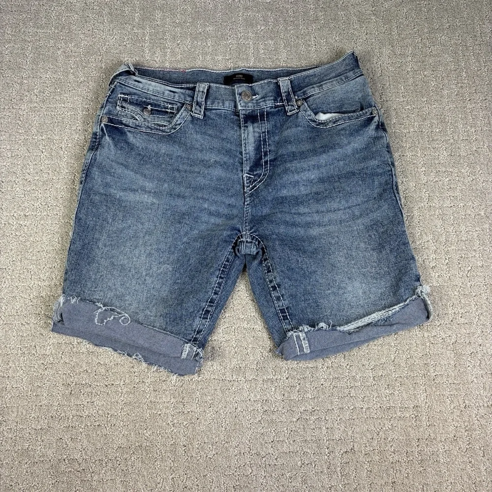 True Religion Geno Men's 34 Denim Jean Shorts Cut Off Frayed Hem Medium Blue